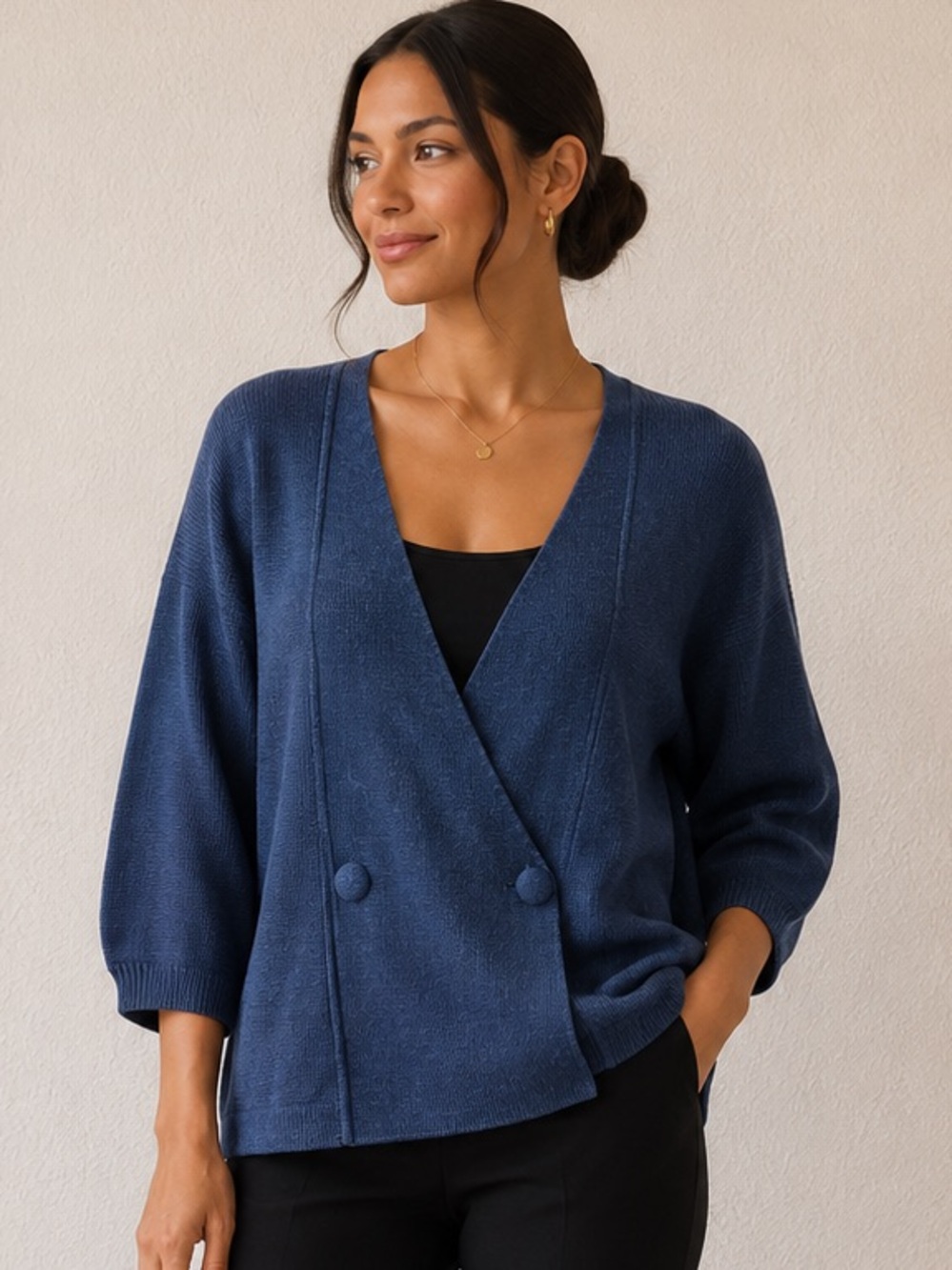 Vintage Wool Double-Breasted Cardigan Women Sz. Vneck 3/4 Sleeve Minimalist EVC